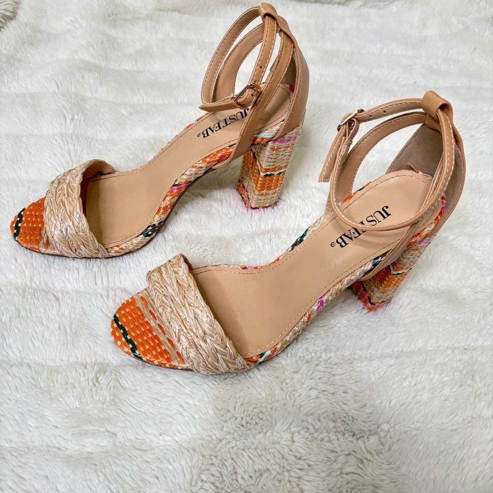 JustFab Tan and Orange Woven Boho Heels Sandals Size 7.5